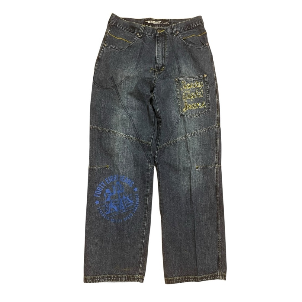48 Authentic Jeans Company Vintage Blue Baggy Embroidered Men Jeans Sz 34